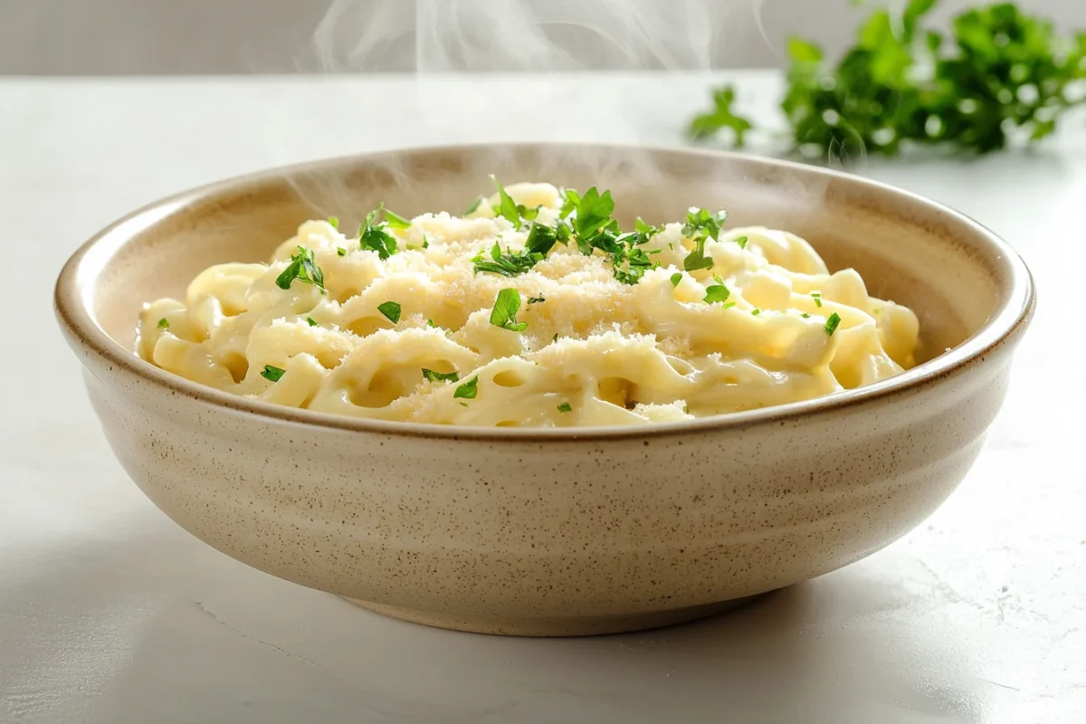 A bowl of pasta with creamy cheese powder sauce, garnished with herbs