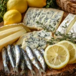 A gourmet plate of sardines paired with assorted cheeses, surrounded by fresh herbs, lemon, and bread on a rustic wooden table