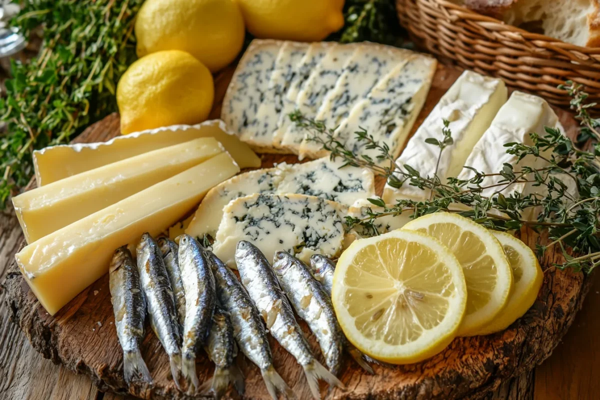 A gourmet plate of sardines paired with assorted cheeses, surrounded by fresh herbs, lemon, and bread on a rustic wooden table