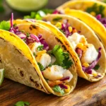 A platter of freshly made fish tacos featuring cod and halibut, topped with cilantro, red cabbage, and lime wedges, served on a wooden board with a blurred warm background