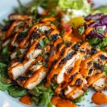 Healthy meal with buffalo sauce drizzled over grilled chicken and fresh veggies