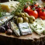 A snack platter with canned sardines, creamy and hard cheeses, olives, and herbs on a rustic wooden board