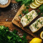 Fresh halibut fillets with lemon slices and herbs on a wooden board