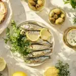 Delicious canned sardine platter with bread, herbs, and cheese