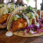 Photorealistic, high-resolution close-up of halibut tacos with golden, flaky halibut fillets in warm corn tortillas, topped with shredded cabbage, creamy avocado slices, tangy pickled onions, lime crema sauce, fresh cilantro, and lime wedges. Captured with a Canon EOS R5, 35mm lens, natural lighting, shallow depth of field, and realistic textures. AI-generated using MidJourney --ar 16:9 --v 6.1 --q 2. Perfect for food blogs and taco recipes