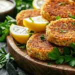 Golden crispy lupin falafels on a rustic platter with parsley, lemon wedges, and tahini dip