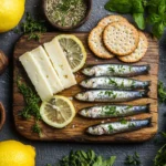 Delicious sardines cracker cheese snack arranged on a wooden board with herbs and lemon slices
