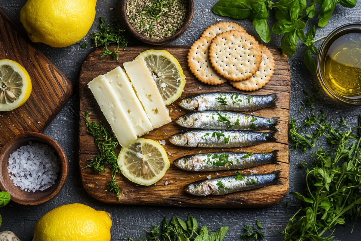 Delicious sardines cracker cheese snack arranged on a wooden board with herbs and lemon slices
