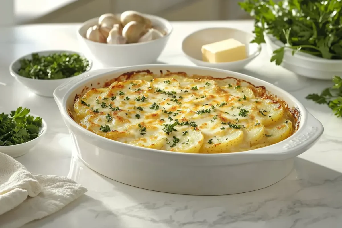 Freshly baked scalloped potatoes with cheese powder in a white ceramic dish, surrounded by ingredients on a marble countertop