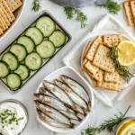 An assortment of crackers paired with sardines, garnished with fresh herbs, lemon slices, and cucumber on a modern white marble table