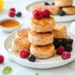 A delicious stack of buckwheat cakes topped with fresh berries and honey on a white marble table