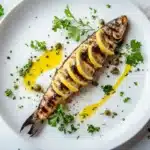Grilled sardines with lemon and parsley on a white plate showcasing how to make sardines taste better
