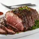 Juicy slices of tri tip steak on a white platter, showing its tender and perfectly cooked texture