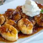 A close-up of banana foster featuring caramelized bananas in golden sauce on a white plate, ideal for learning how ripe bananas should be for foster