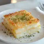 Creamy scalloped potatoes baked until golden with parsley garnish