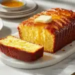 A golden loaf of cornbread sliced and garnished with butter, highlighting the debate, "Is cornbread like a cake?