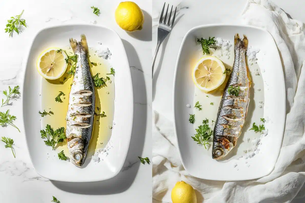 Should you eat sardines in oil or water? A featured image showing sardines in oil and water on a white platter