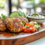 Golden-brown falafels served with fresh parsley, tomatoes, cucumber, and tahini sauce on a wooden platter