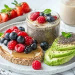 Gluten-free dairy-free breakfast spread with pancakes, chia pudding, and avocado toast