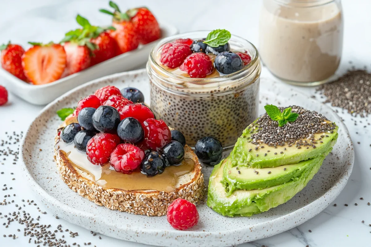 Gluten-free dairy-free breakfast spread with pancakes, chia pudding, and avocado toast