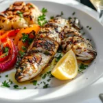 A traditional Portuguese sardine dish showcasing what Portuguese eat with sardines, paired with cornbread and roasted vegetables