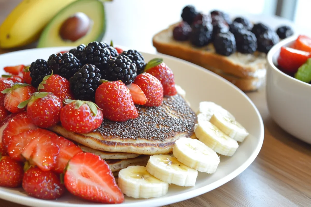 Delicious dairy-free and gluten-free breakfast spread with pancakes, smoothie bowl, and avocado toast