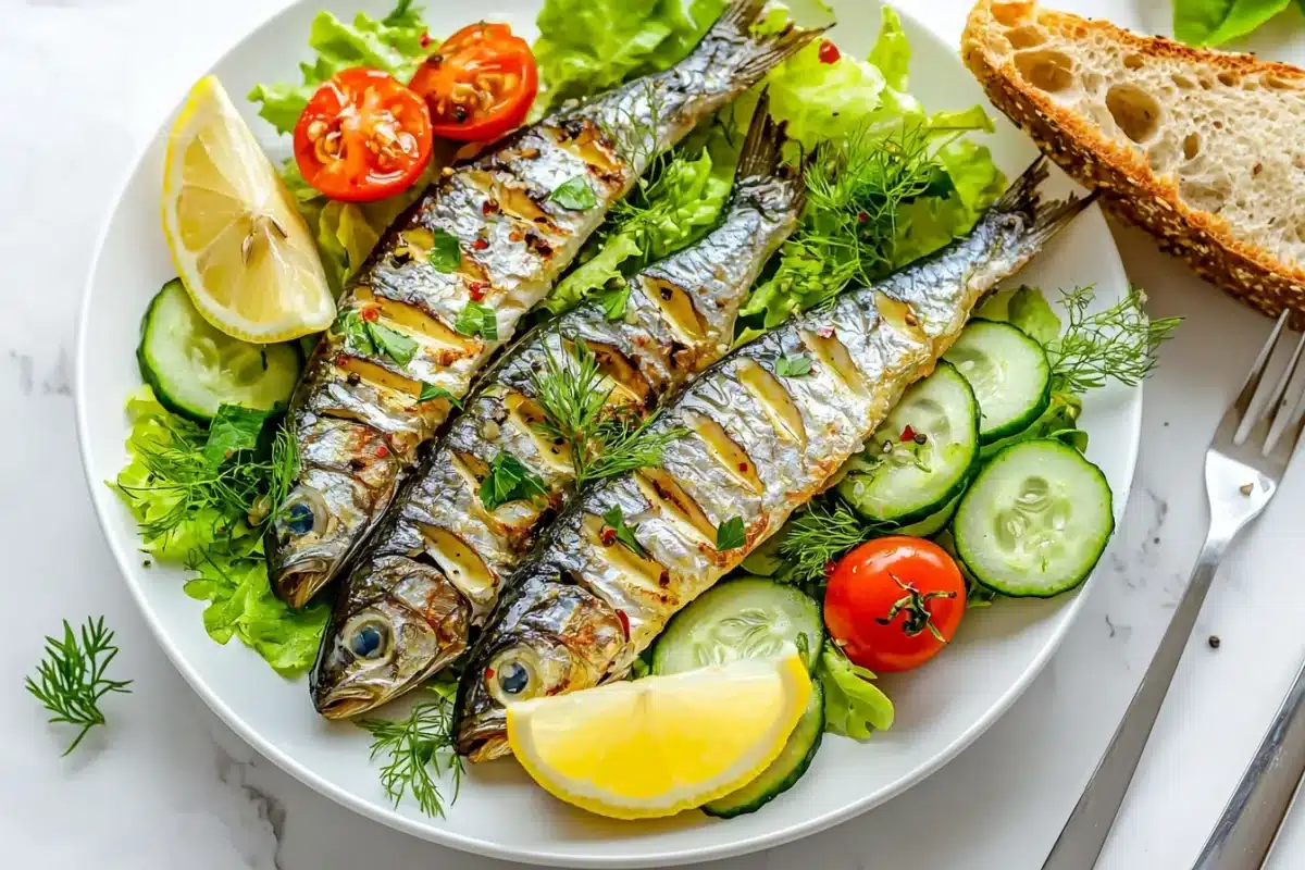 What do you serve with sardines? Fresh salad, bread, and vibrant toppings on a white marble table