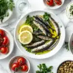 A gourmet sardine dish featuring olive oil, lemon, parsley, and dill on a white marble table