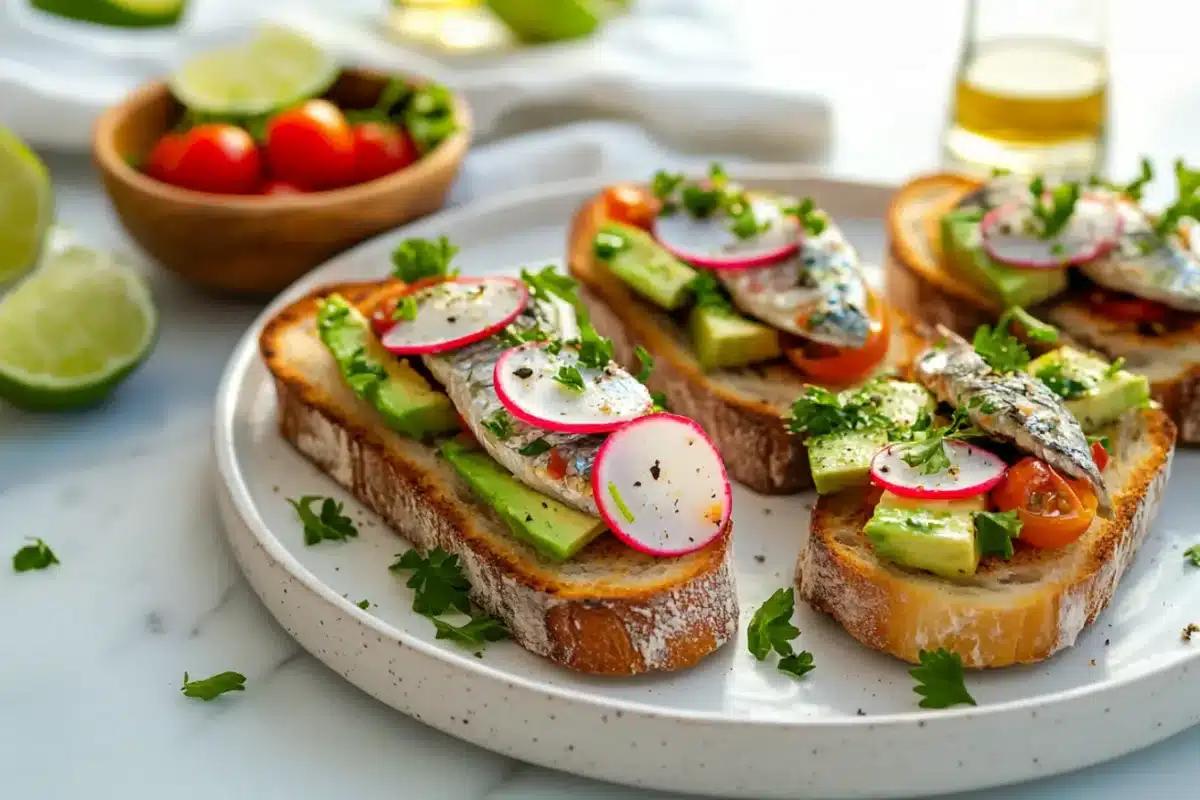 Three delicious sardine toasts with avocado, radishes, and cherry tomatoes, showcasing what goes well with sardines