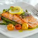 What goes with king salmon? A beautifully plated salmon dish with roasted vegetables