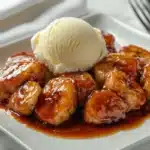 A modern presentation of banana foster, a rich dessert with caramelized bananas and vanilla ice cream, highlighting a fun fact about banana foster