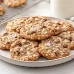 Freshly baked cowboy cookies with oats, chocolate chips, and nuts arranged on a white plate