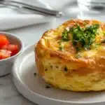 Fluffy soufflé omelette on a white plate, showcasing the hardest type of omelette to make
