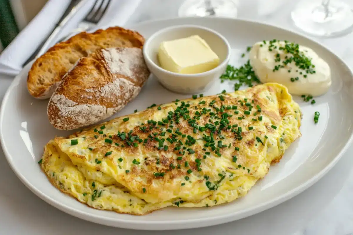 Classic French omelette with smooth texture and herbs on a modern plate, showcasing what is the most famous omelette in the world