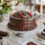 A beautifully set table with a chocolate cake as the centerpiece