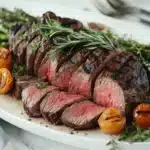 A grilled tri-tip steak sliced thinly, served with grilled vegetables on a modern white platter