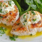Grilled seafood topped with creamy cheese, garnished with herbs and a side of spinach