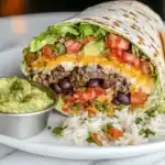 A freshly sliced burrito revealing its delicious layers—seasoned beef, melted cheese, fresh lettuce, diced tomatoes, and guacamole, highlighting what makes the perfect burrito satisfying