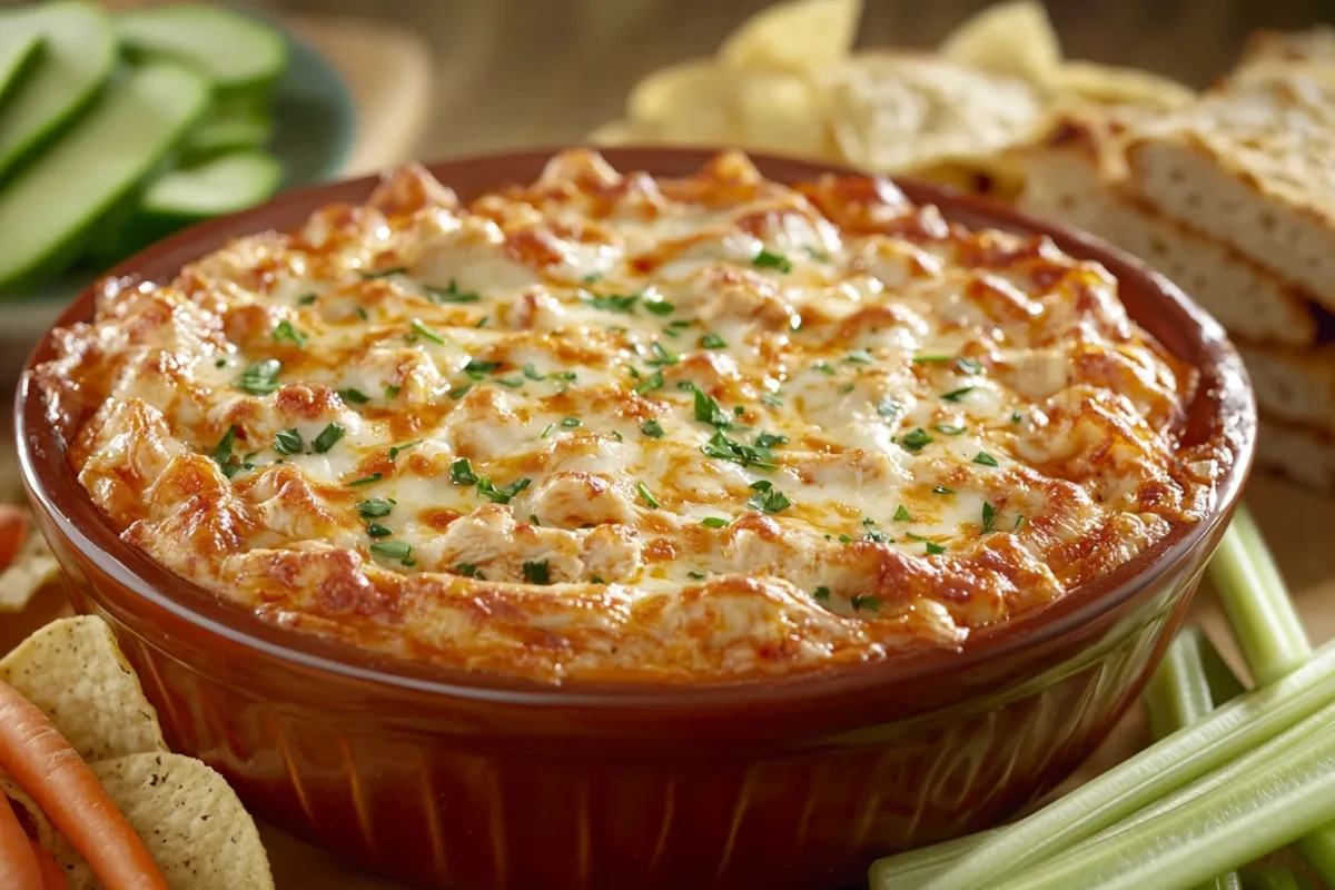 A delicious spread showing what pairs good with Buffalo chicken dip, featuring chips, veggies, and bread