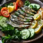 A beautifully plated dish of canned sardines on toasted bread, garnished with fresh parsley, lemon slices, cucumbers, and tomatoes, illustrating what pairs with canned sardines for a fresh and flavorful meal.