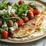 Mediterranean-inspired dish showcasing what pairs with tinned fish, featuring flatbread, cherry tomatoes, olives, and feta cheese
