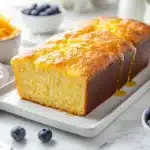 Freshly baked cornbread on a white platter with honey drizzle and ingredients showing what to add to cornbread mix to make it better