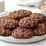 Gooey chocolate oatmeal cookies with melted chocolate chips on a white marble table