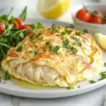 A freshly plated crab omelette garnished with parsley and chives on a white marble table