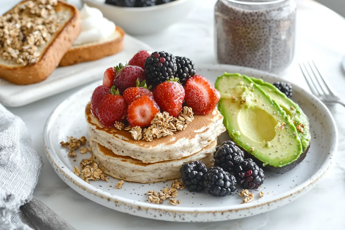Gluten-free dairy-free breakfast spread with almond flour pancakes, chia pudding, and avocado toast