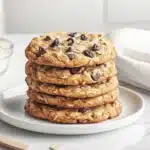 Freshly baked oatmeal raisin chocolate chip cookies on a modern plate