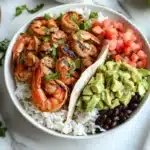 Featured shrimp burrito recipe with vibrant ingredients on a marble table
