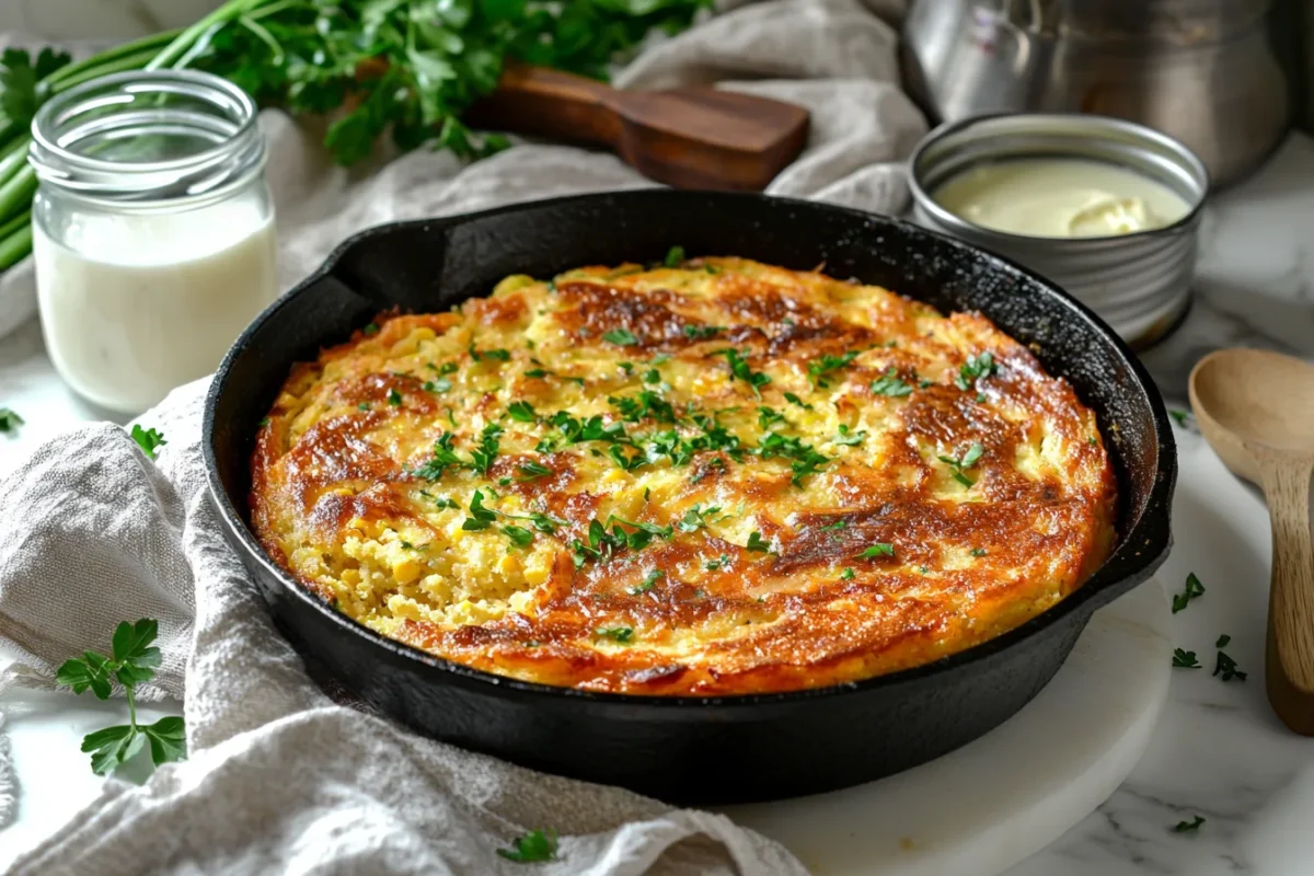 Southern cornbread recipe with beef tallow baked in a cast-iron skillet, showing a crispy golden crust and moist interior