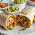 A mouthwatering Mexican burrito with fresh ingredients on a white plate, highlighting what is in a traditional Mexican burrito