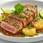Perfectly seared tuna steaks with pineapple slices on a modern plate